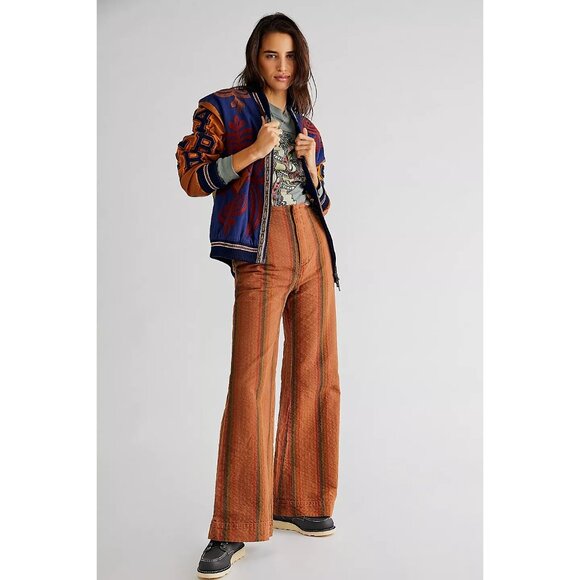 Free People Womens Star Of Wonder Striped Brown Wide-Leg Pants Medium - Picture 1 of 15